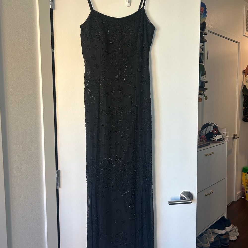 Laurence Kazar Black Beaded Slip Maxi Dress